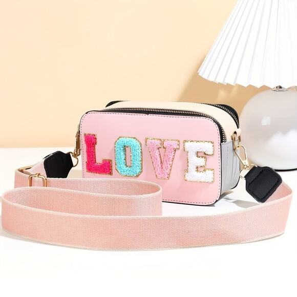 Treasures4Youbynil Handbags - Trendy Pink Mini Crossbody Bag with LOVE Letter Design & Adjustable Strap